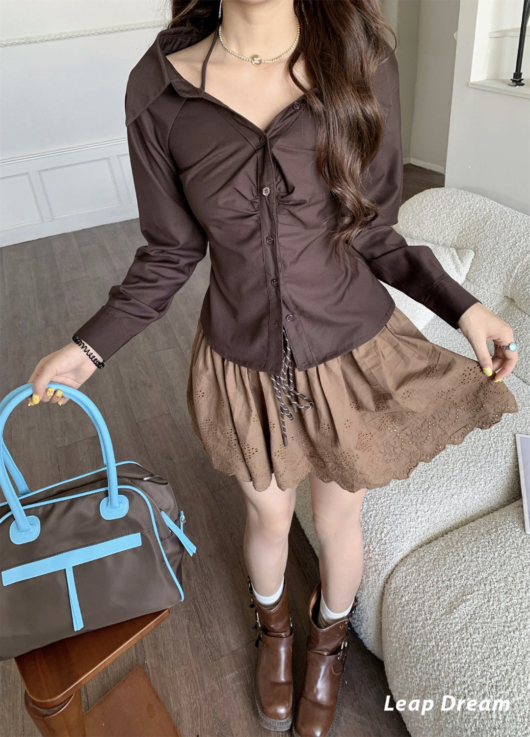 Leap Dream SALE ALD26013 Pleated Halter Fitted Shirt