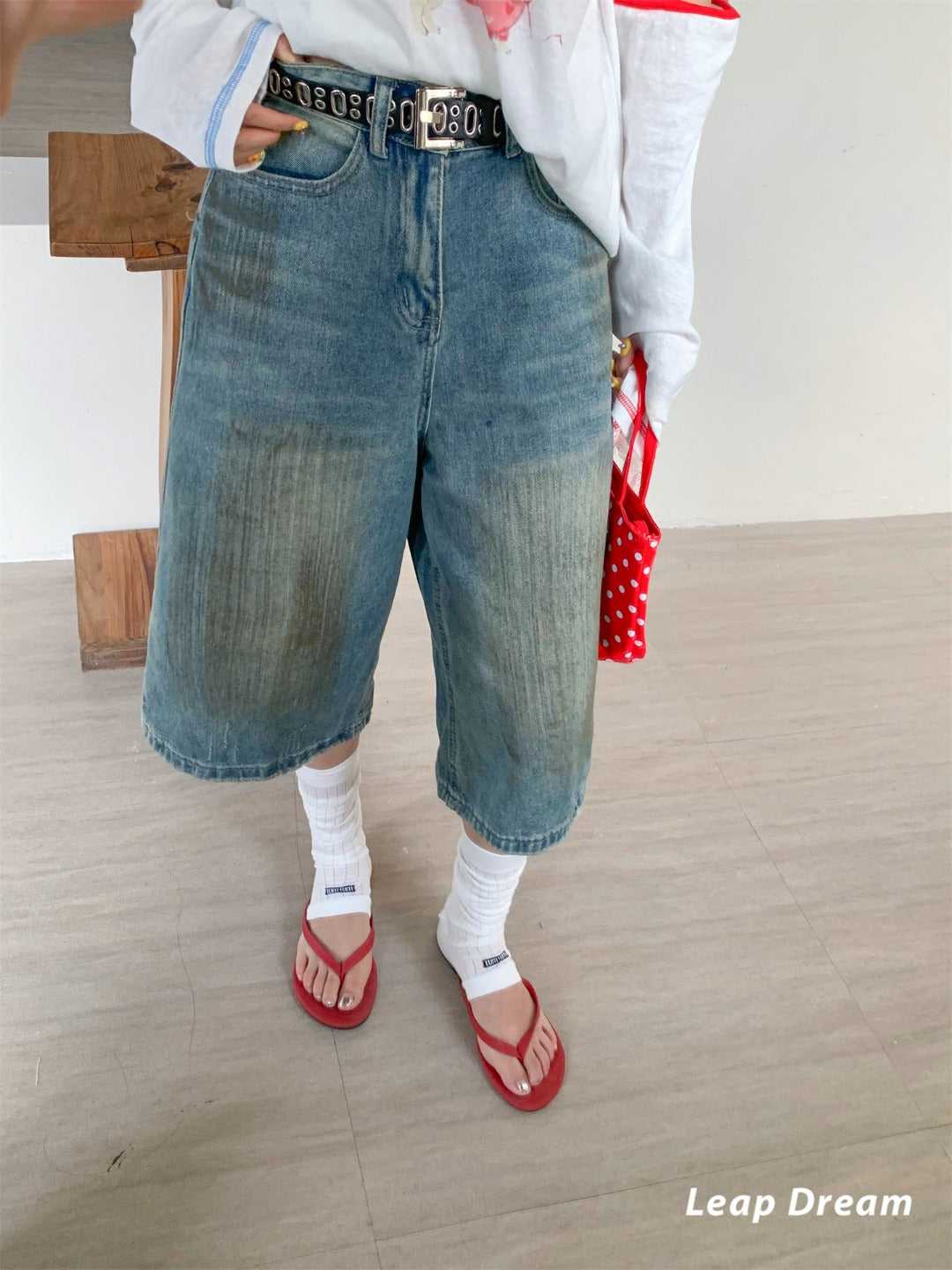 Leap Dream SALE ALD26014 Washed Denim Bermuda Shorts
