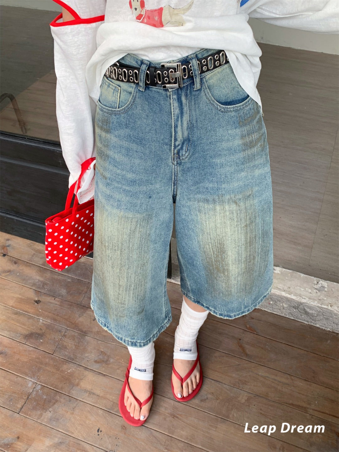 Leap Dream SALE ALD26014 Washed Denim Bermuda Shorts