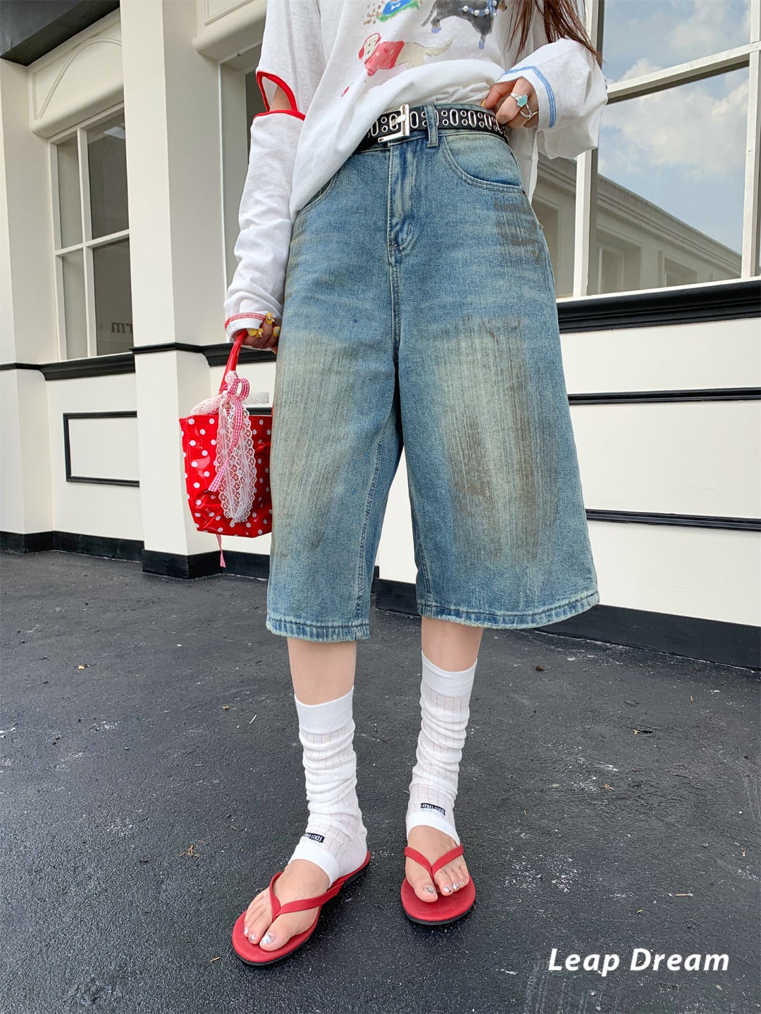 Leap Dream SALE ALD26014 Washed Denim Bermuda Shorts