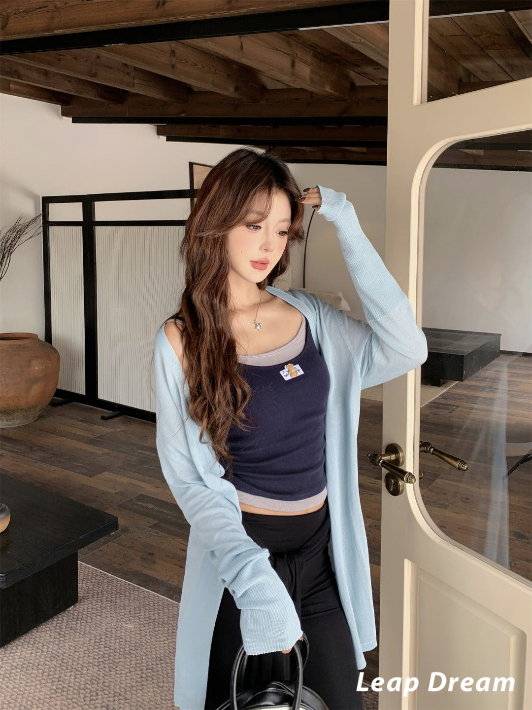 Leap Dream SALE ALD26019 Blue Asymmetric Knit Cardigan