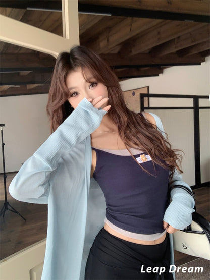 Leap Dream SALE ALD26019 Blue Asymmetric Knit Cardigan