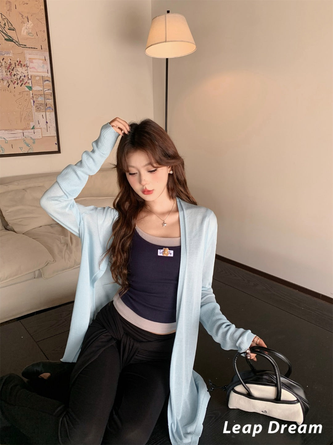 Leap Dream SALE ALD26019 Blue Asymmetric Knit Cardigan