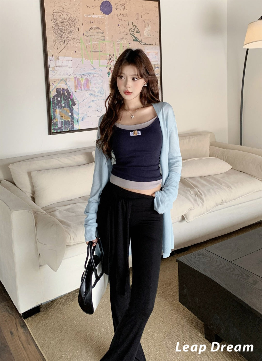 Leap Dream SALE ALD26019 Blue Asymmetric Knit Cardigan