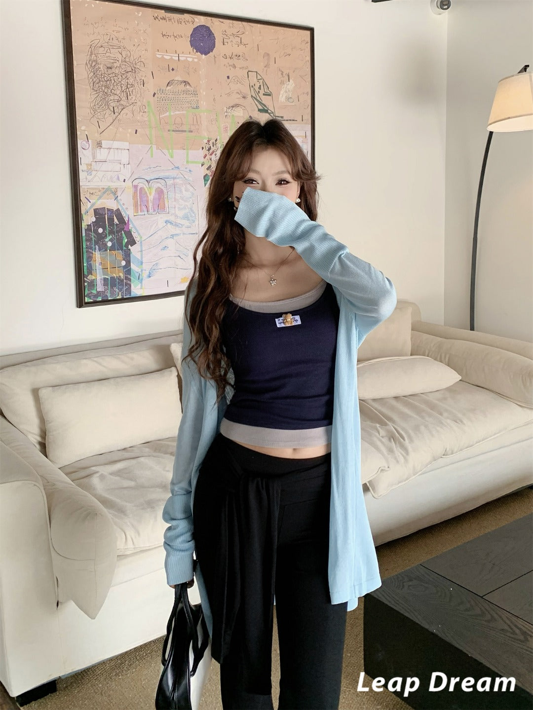 Leap Dream SALE ALD26019 Blue Asymmetric Knit Cardigan