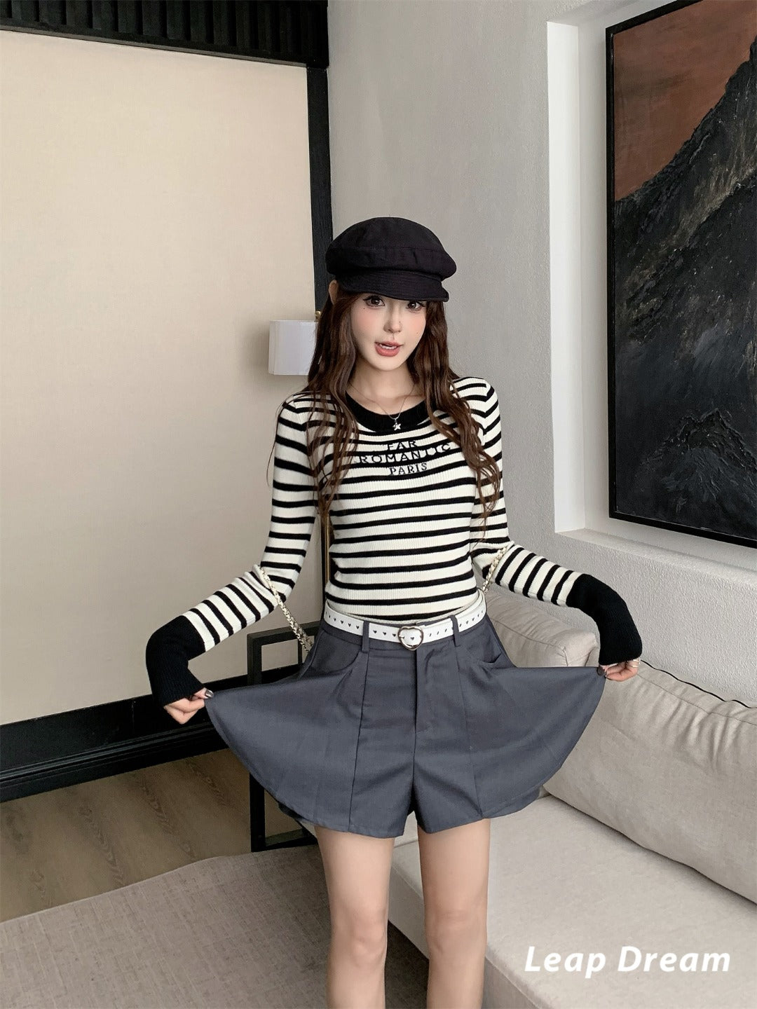 Leap Dream SALE ALD26019 Ruffle Two-in-One A-Line Culottes with Belt