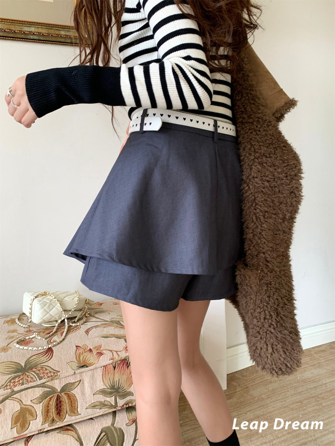 Leap Dream SALE ALD26019 Ruffle Two-in-One A-Line Culottes with Belt