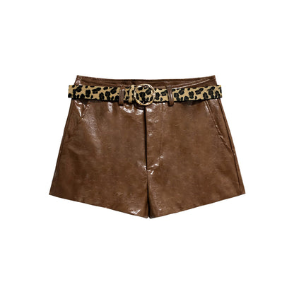 Leap Dream SALE ALD26020 Textured Brown PU Shorts with Belt
