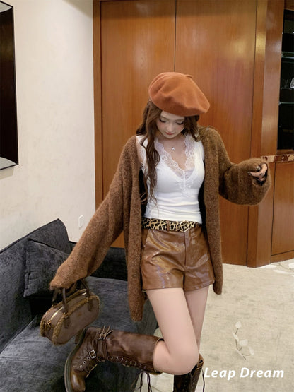 Leap Dream SALE ALD26020 Textured Brown PU Shorts with Belt