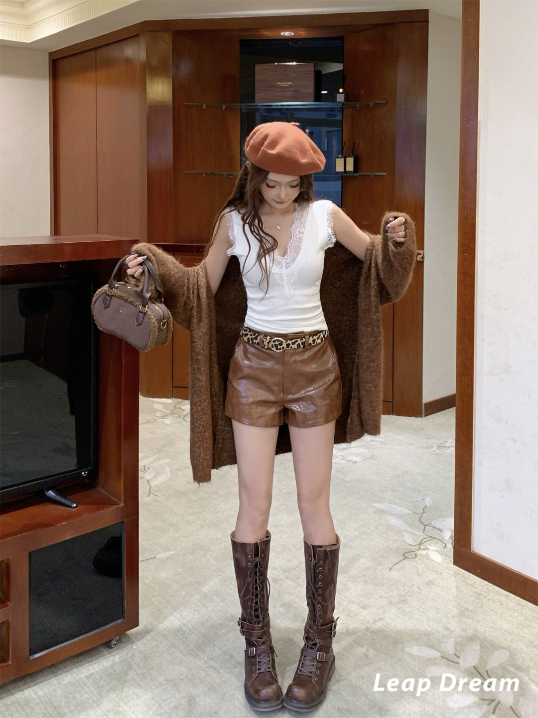 Leap Dream SALE ALD26020 Textured Brown PU Shorts with Belt