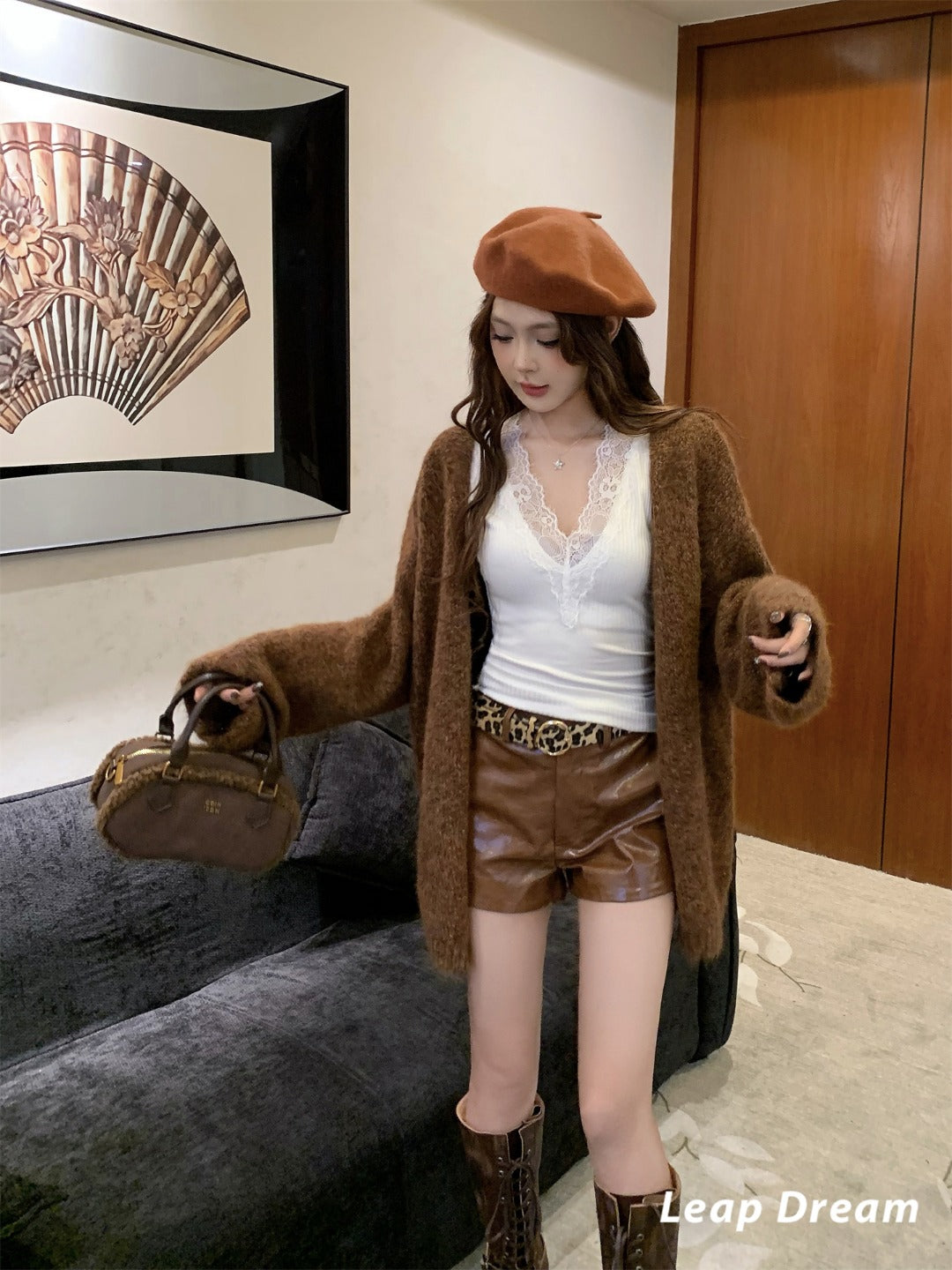 Leap Dream SALE ALD26020 Textured Brown PU Shorts with Belt