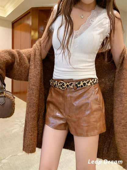 Leap Dream SALE ALD26020 Textured Brown PU Shorts with Belt