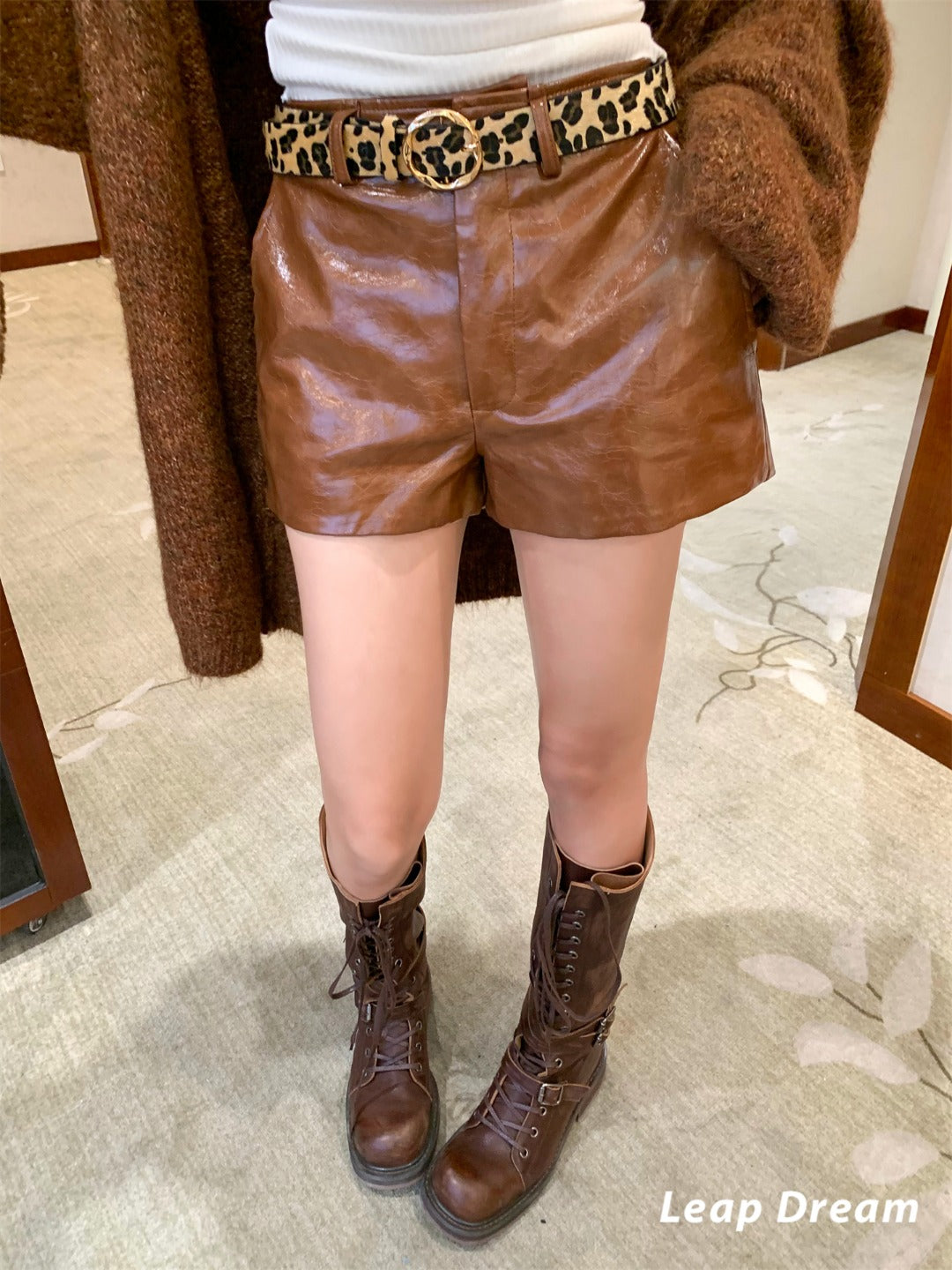 Leap Dream SALE ALD26020 Textured Brown PU Shorts with Belt