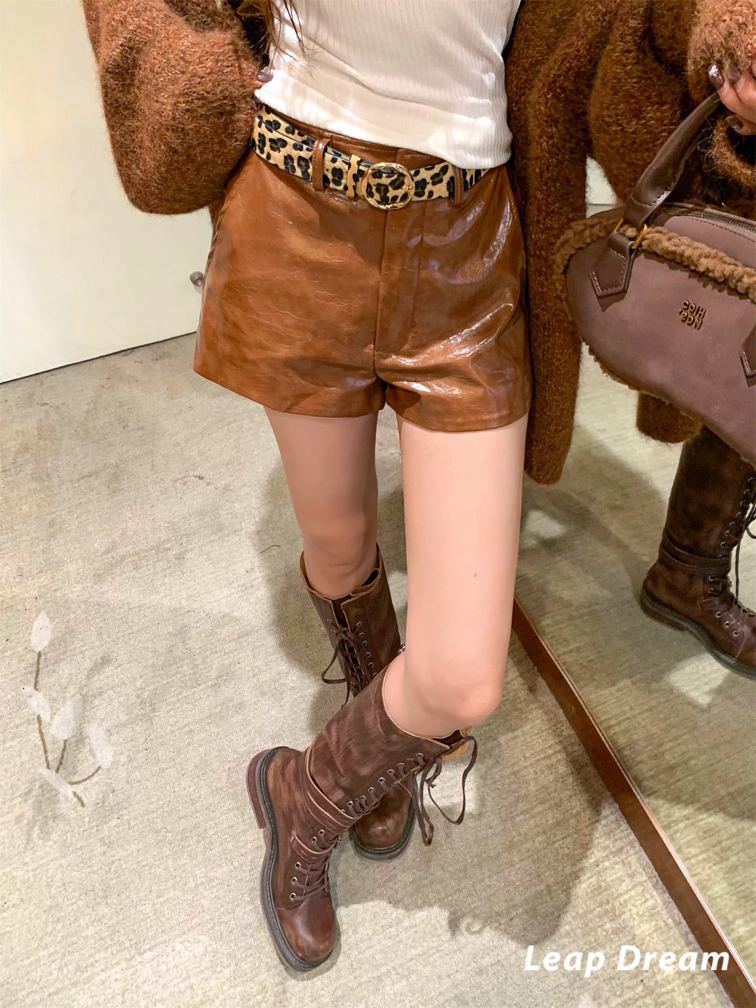 Leap Dream SALE ALD26020 Textured Brown PU Shorts with Belt