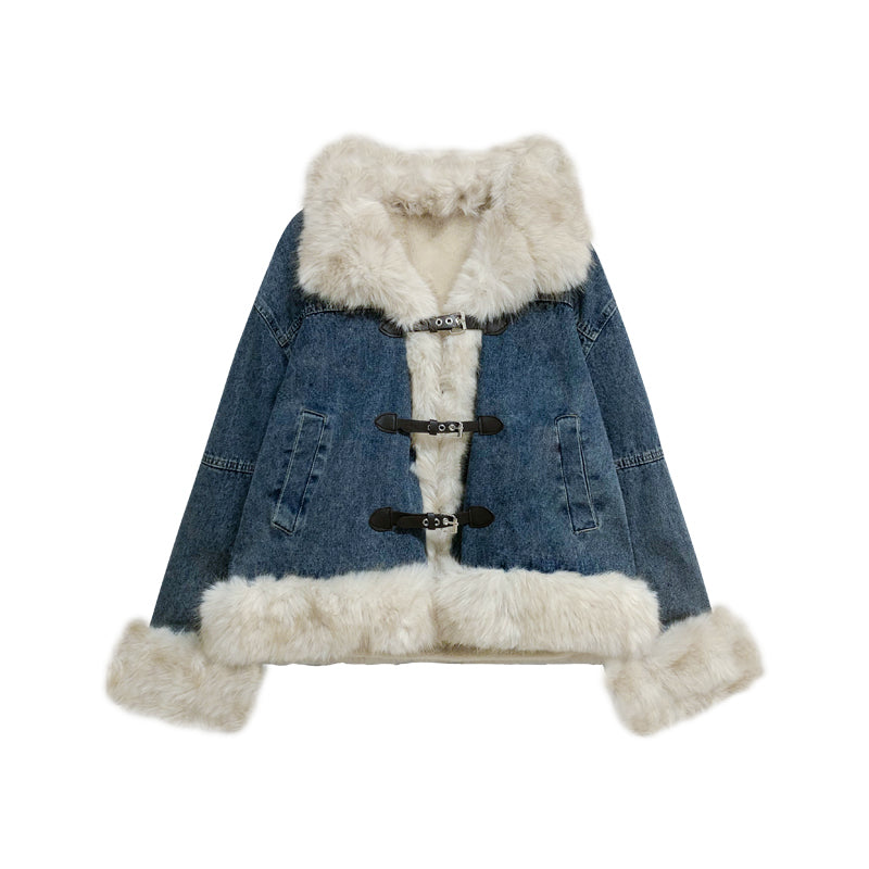 Leap Dream SALE ALD26021 Faux Shearling Collar Denim Jacket