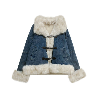Leap Dream SALE ALD26021 Faux Shearling Collar Denim Jacket