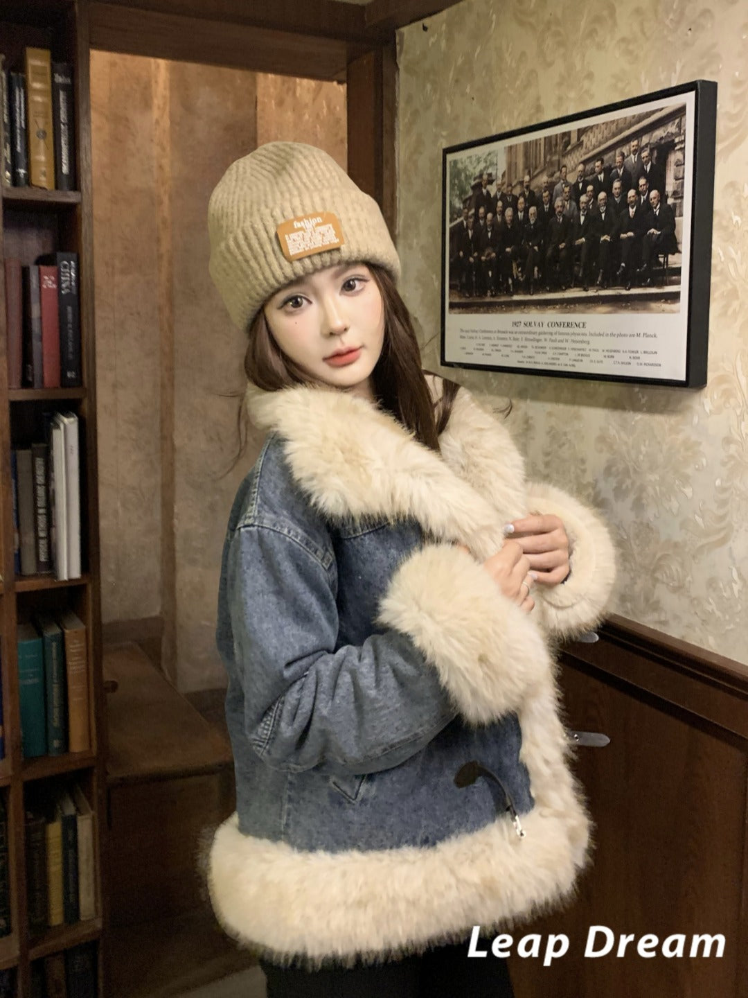 Leap Dream SALE ALD26021 Faux Shearling Collar Denim Jacket