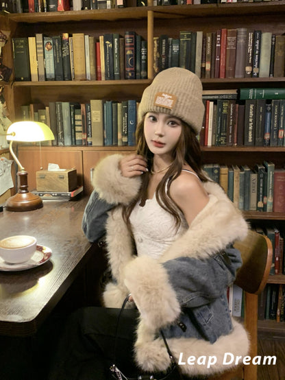 Leap Dream SALE ALD26021 Faux Shearling Collar Denim Jacket