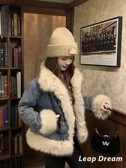 Leap Dream SALE ALD26021 Faux Shearling Collar Denim Jacket
