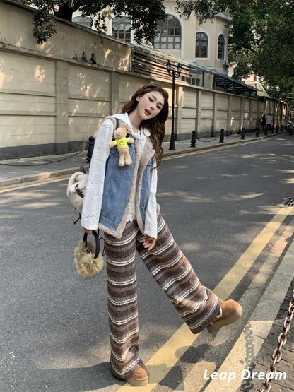 Leap Dream SALE ALD26023 Striped Wide-Leg Knit Pants