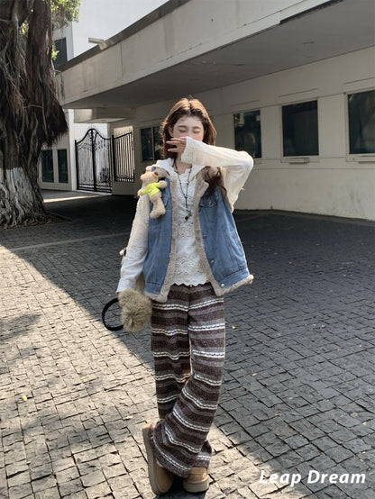 Leap Dream SALE ALD26023 Striped Wide-Leg Knit Pants
