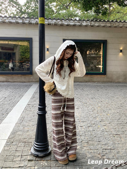 Leap Dream SALE ALD26023 Striped Wide-Leg Knit Pants