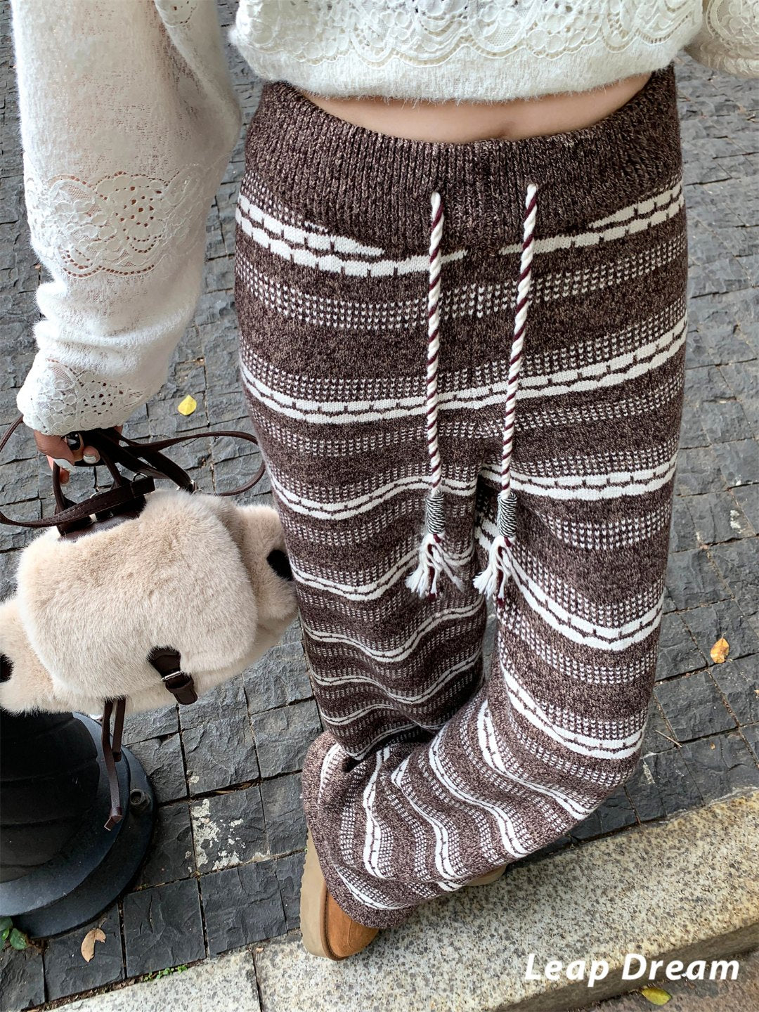 Leap Dream SALE ALD26023 Striped Wide-Leg Knit Pants