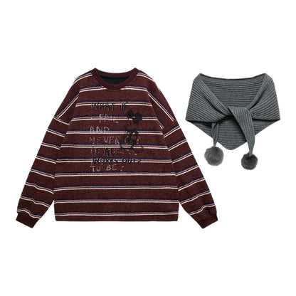 Leap Dream SALE ALD26024 Pom-Pom Striped Chunky Knit Top