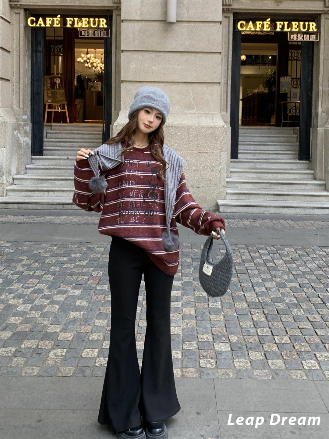 Leap Dream SALE ALD26024 Pom-Pom Striped Chunky Knit Top