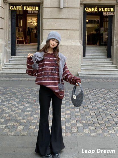 Leap Dream SALE ALD26024 Pom-Pom Striped Chunky Knit Top
