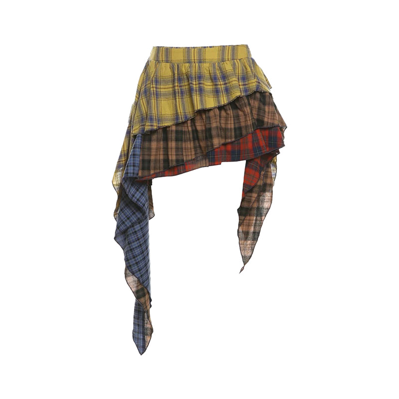 Crow Caim SALE CC25058 Color-Block Plaid Asymmetric Skirt