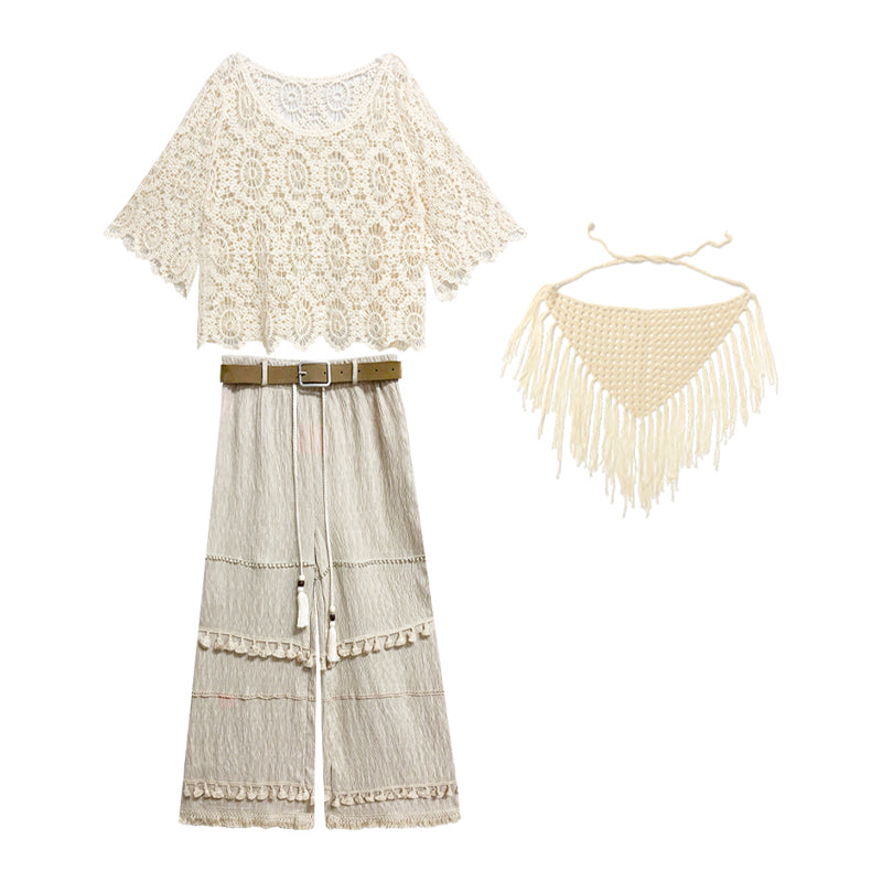 Crow Caim SALE CC25084 Crochet Wide-Leg Pants Set