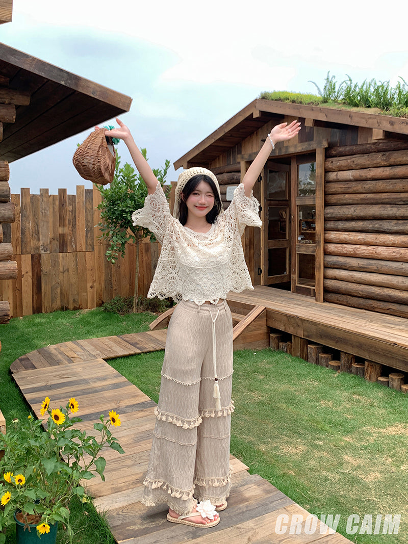 Crow Caim SALE CC25084 Crochet Wide-Leg Pants Set