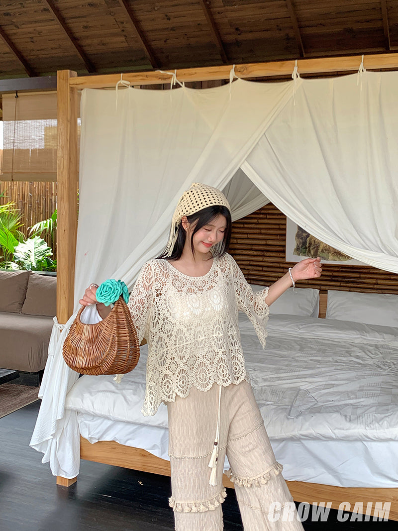 Crow Caim SALE CC25084 Crochet Wide-Leg Pants Set