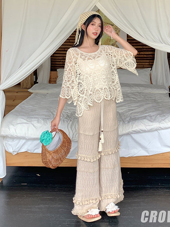 Crow Caim SALE CC25084 Crochet Wide-Leg Pants Set