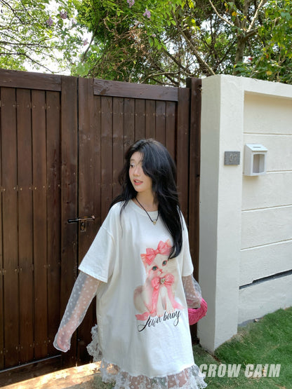 Crow Caim SALE CC25048 Cat Print Two-in-One Tee Dress