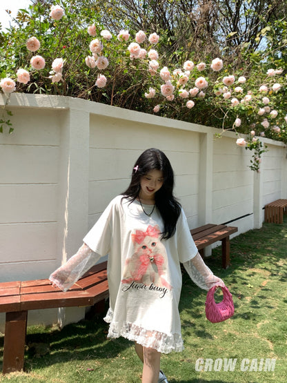 Crow Caim SALE CC25048 Cat Print Two-in-One Tee Dress