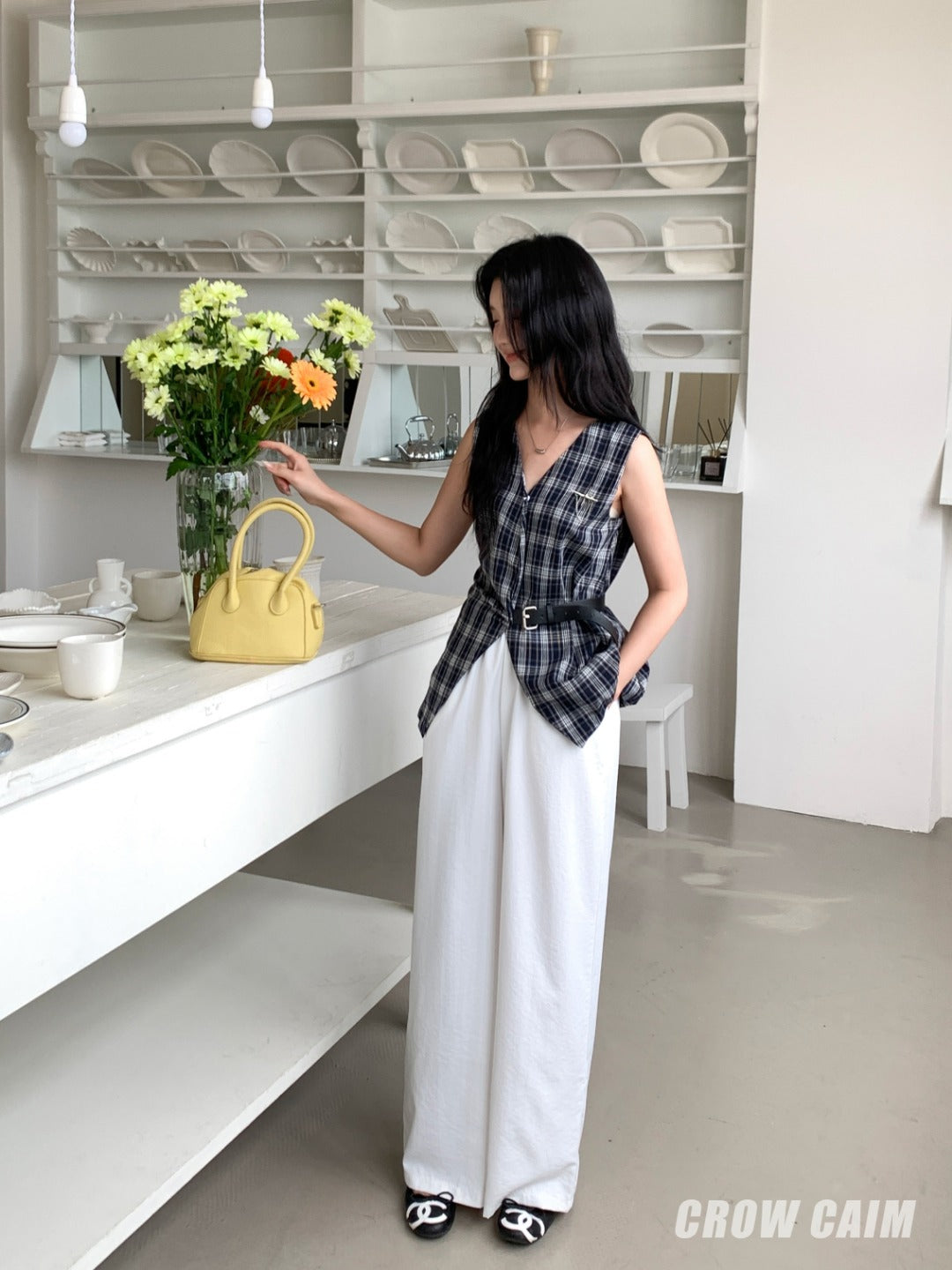 Crow Caim SALE CC25108 Plaid Vest and Wide-Leg Pants Set