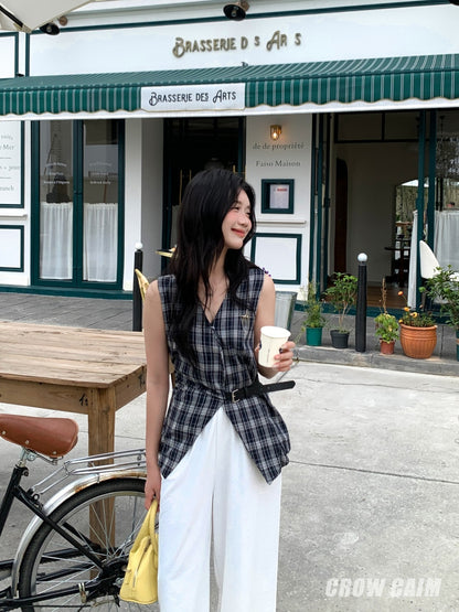 Crow Caim SALE CC25108 Plaid Vest and Wide-Leg Pants Set