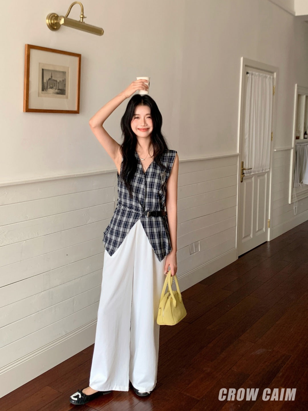 Crow Caim SALE CC25108 Plaid Vest and Wide-Leg Pants Set