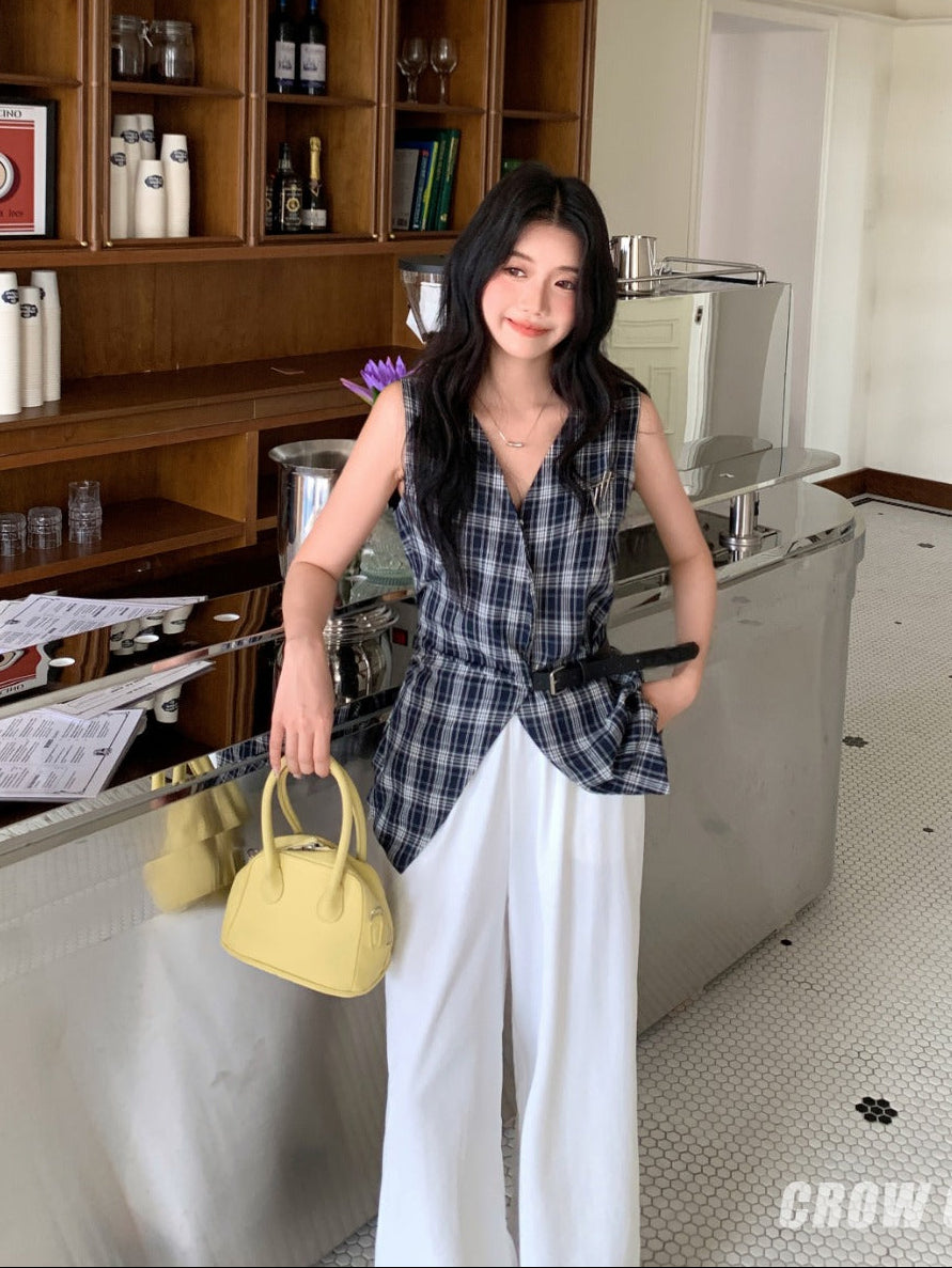 Crow Caim SALE CC25108 Plaid Vest and Wide-Leg Pants Set