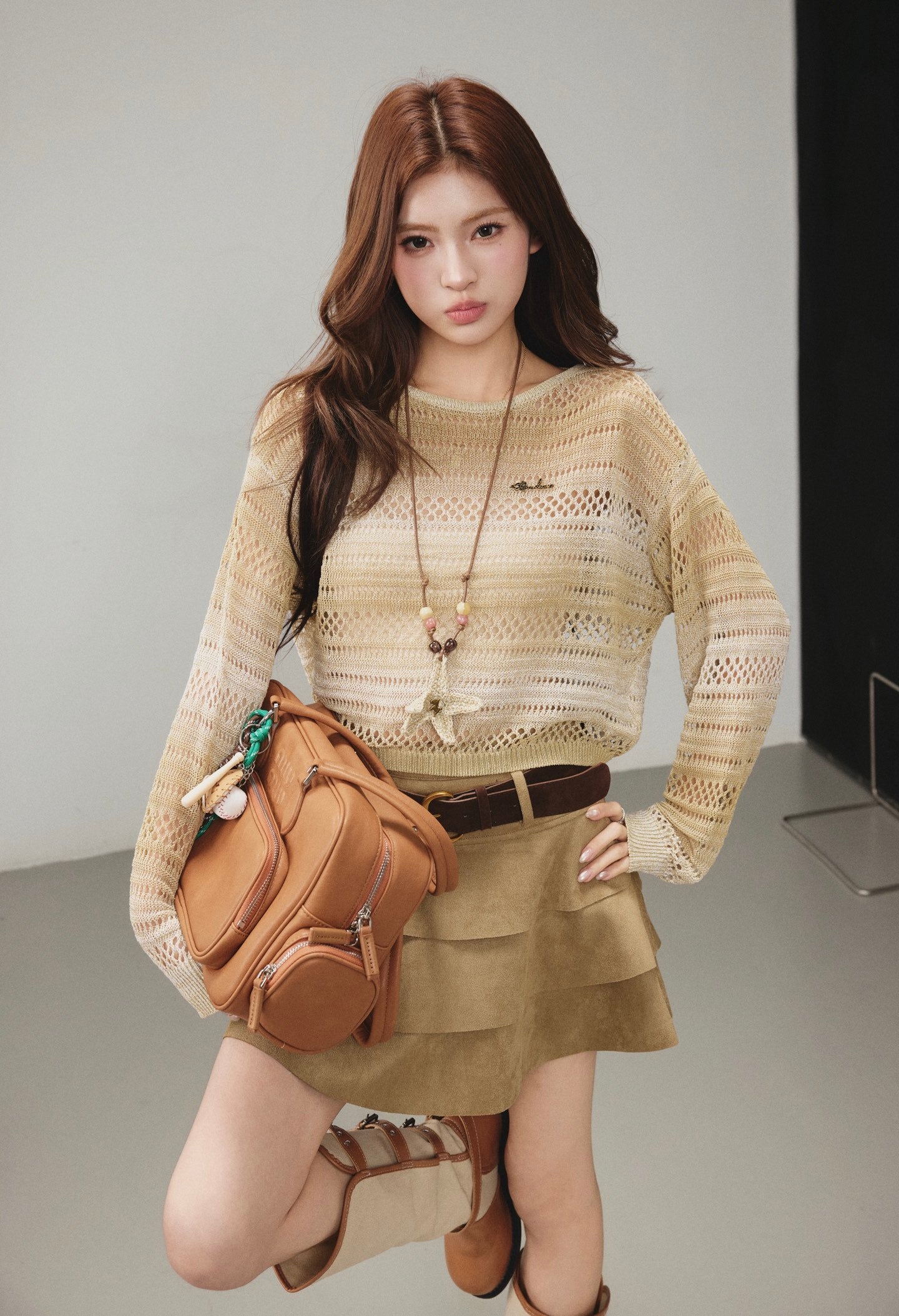 OTEBANBASS OTE260805&amp;6 Cutout Top + Brown Skirt Set(SEPERATE)
