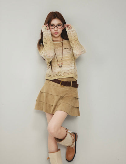 OTEBANBASS OTE260805&amp;6 Cutout Top + Brown Skirt Set(SEPERATE)