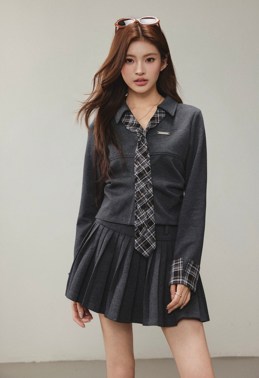 OTEBANBASS OTE260814 Preppy Plaid Top and Pleated Skirt Set