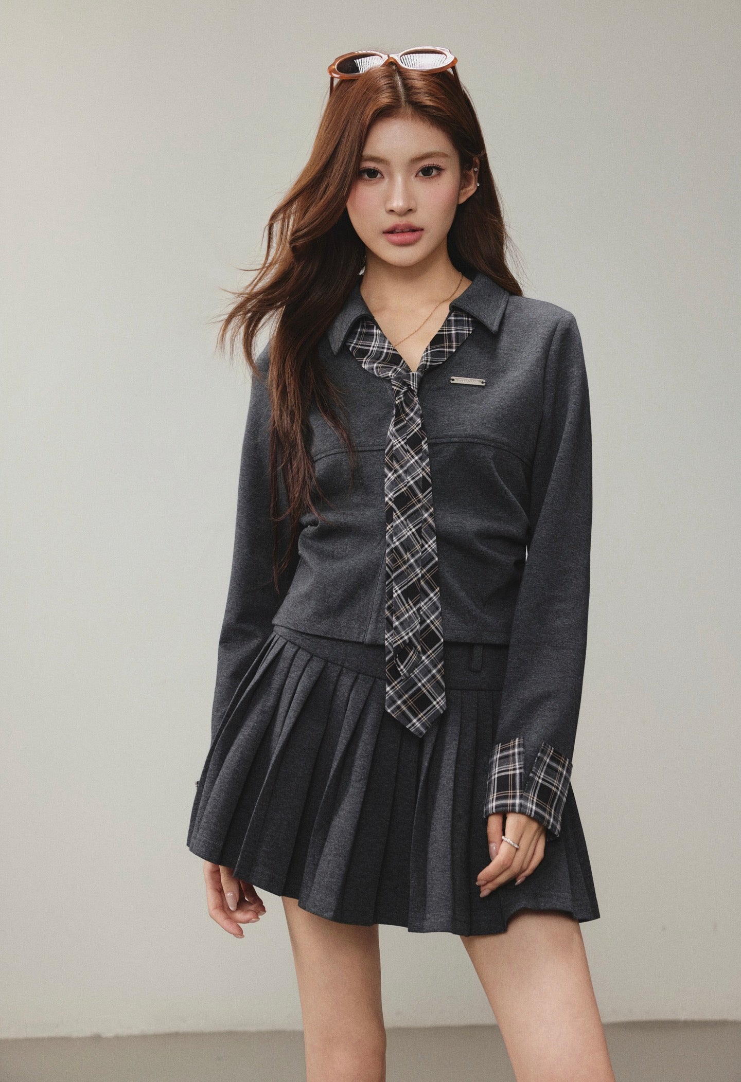 OTEBANBASS OTE260814 Preppy Plaid Top and Pleated Skirt Set