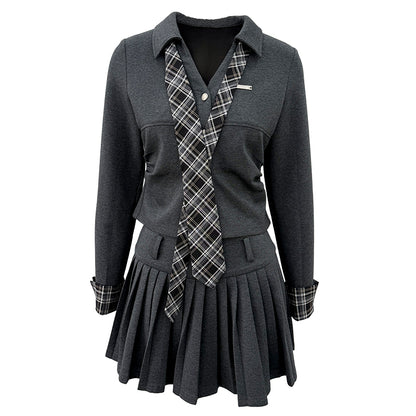 OTEBANBASS OTE260814 Preppy Plaid Top and Pleated Skirt Set
