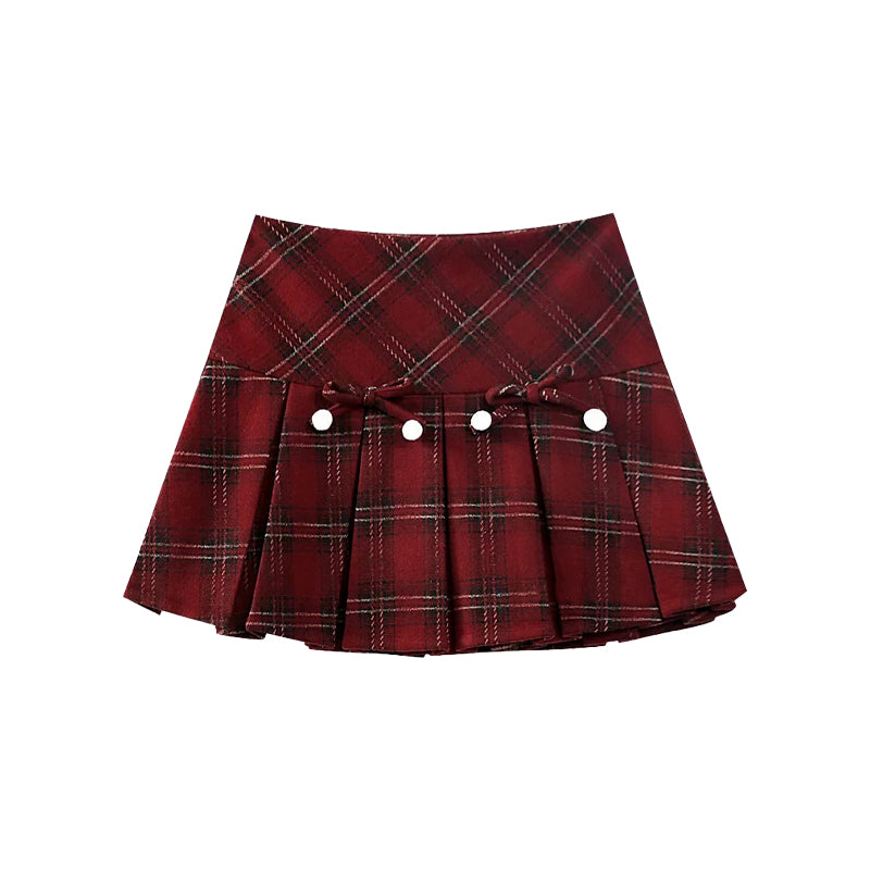 NeveNico SALE NN2412014 Wool Plaid Pleated Skirt with Bow