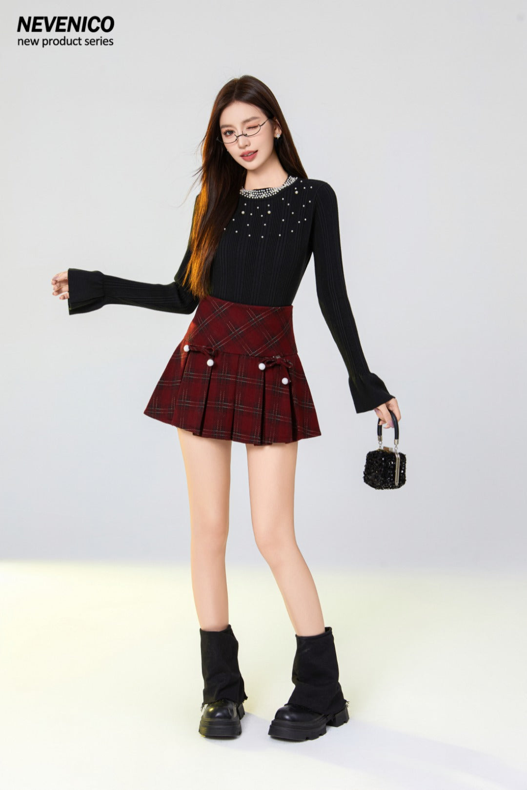 NeveNico SALE NN2412014 Wool Plaid Pleated Skirt with Bow