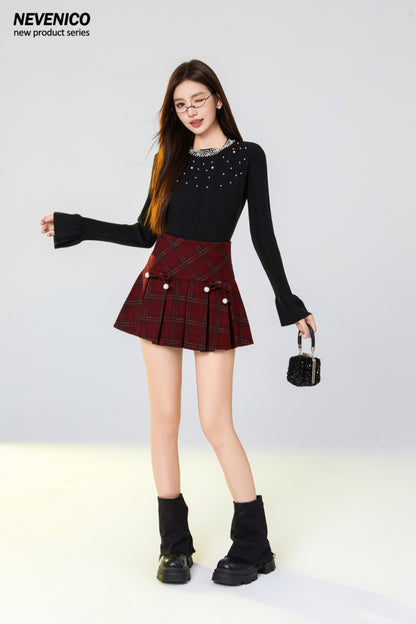 NeveNico SALE NN2412014 Wool Plaid Pleated Skirt with Bow