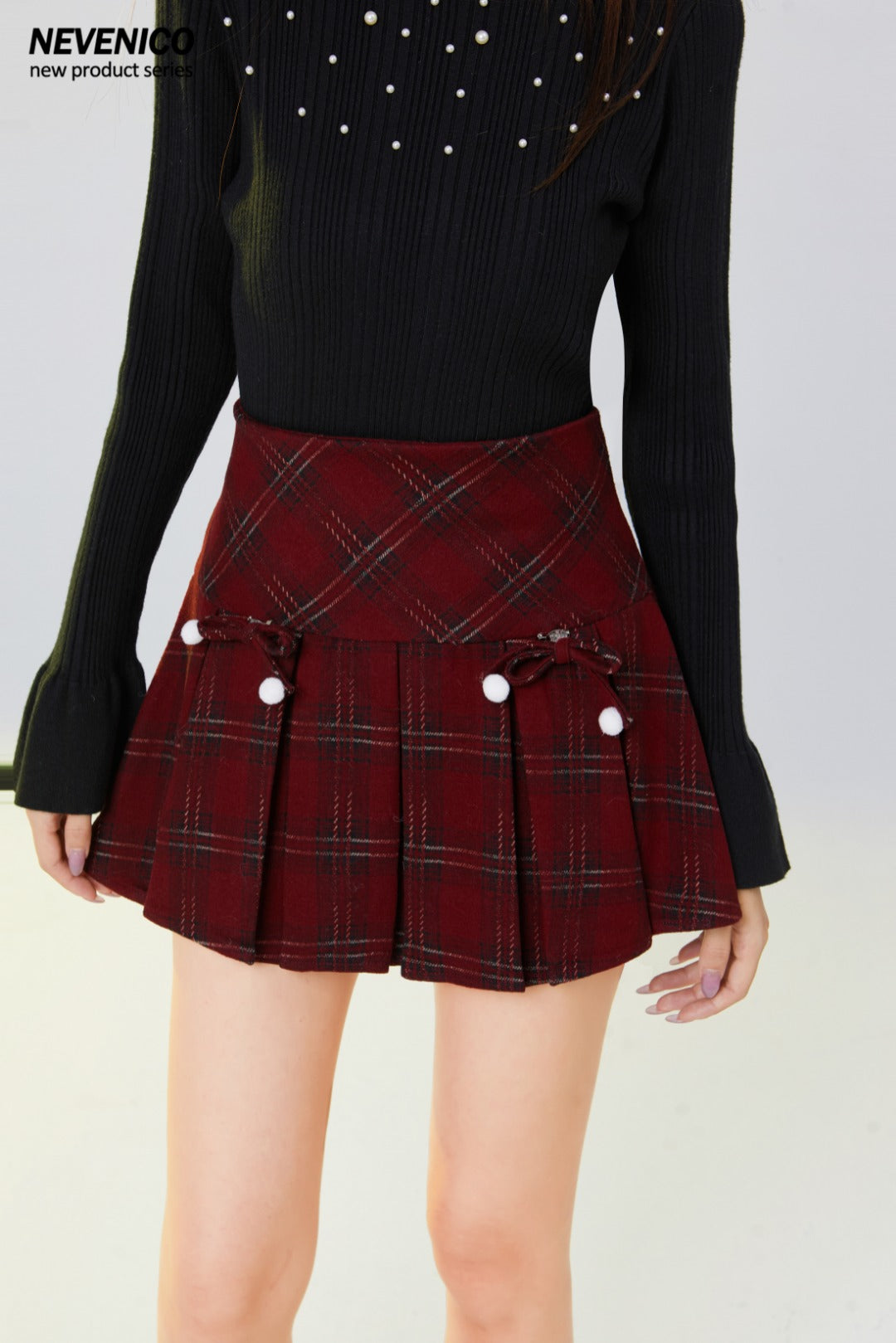 NeveNico SALE NN2412014 Wool Plaid Pleated Skirt with Bow